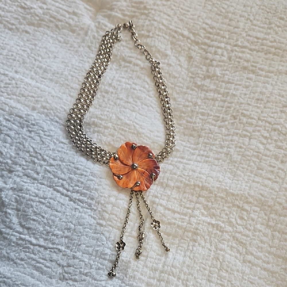 925 Solid Silver Orange Stone Flower Chocker - image 1